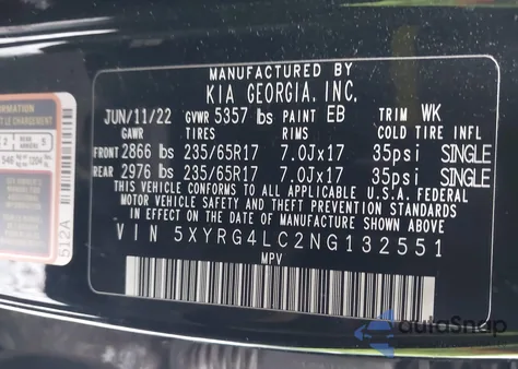 2022 Kia Sorento Lx из США, поврежденный, VIN 5XYRG4LC2NG132551